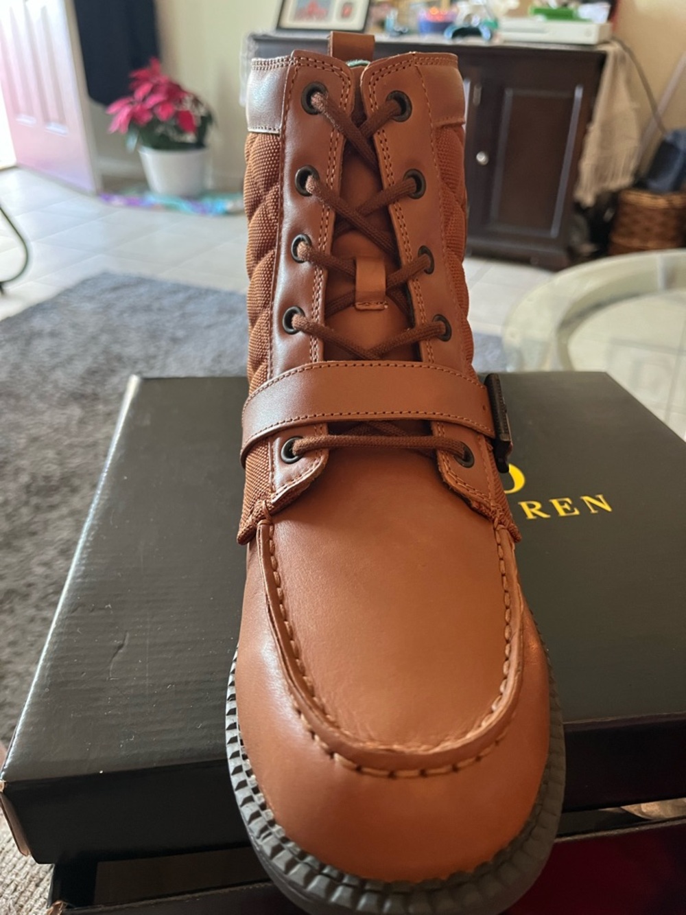 Ralph Lauren Quilted Leather Lace-Up Combat Boot in Cognac - Picture 3 of 5